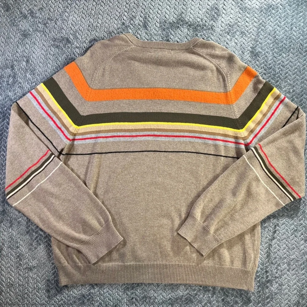 J Crew Men's V Neck Striped Sweater XL‎ Cotton Wool Blend Taupe Orange